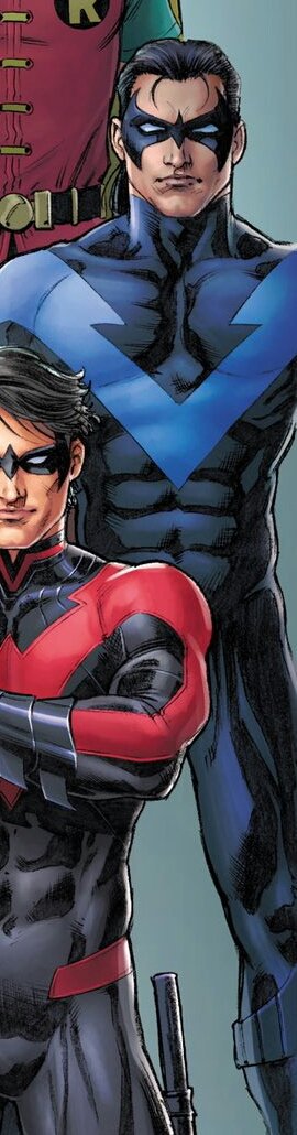 I love that  @NicolaScottArt included the suit. She has the "V" in a darker blue compared to the next suit and she even remember to give Dick the ponytail. People sometimes forget Dick originally had a ponytail when the fingerstripes suit debuted. Usually everyone... /24