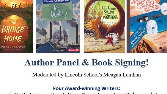 colaRIorg's tweet photo. September 21, 2019  2:30 p.m. – 4:00 p.m.
@colaRIorg
 
Author Panel &amp; Book Signing!
Moderated by the Lincoln School's Meagan Lenihan

Four Award-winning Writers:

Linda Crotta Brennan
Kara LaReau
Nancy Tupper Ling
Padma Venkatraman
@BarringtonPLRI with @BooksOnTheSq https://t.co/liYtA8osge