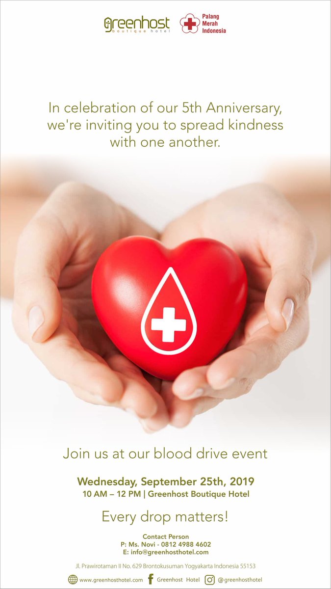 In celebration of our 5th Anniversary, we're inviting you to spread kindness to one another.

Join us at our blood drive event
Thursday, 25 September 2019 | 10AM - 12PM

Every drop matters!
