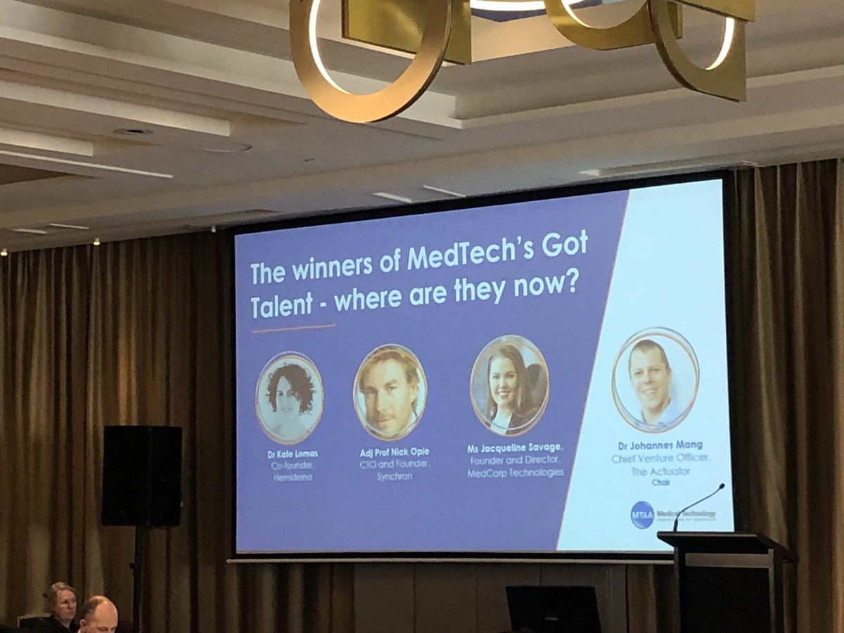 MTGT_Challenge's tweet photo. #MTGTAlumni: Dr Nick Opie from #SmartStent, Jacqui Savage from @MedCorp_Tech &amp; Dr Kate Lomas from @hemideina_hears sharing insights into their #commercialisation journeys at #MedTech19. They’re absolutely kicking goals, and we’re incredibly proud &amp; humbled to be part of it https://t.co/e7LTSoNNos