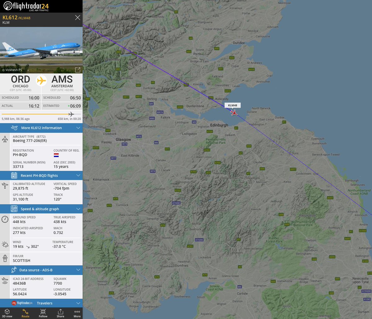 flightradar24's tweet photo. #KL612, Chicago-Amsterdam, squawking 7700 and descending near Edinburgh. Reason currently unknown. https://t.co/UGyGElCV7O

For more information regarding ‘Squawking 7700’, please see https://t.co/nW7vZ50REd https://t.co/VowsABC7Ug