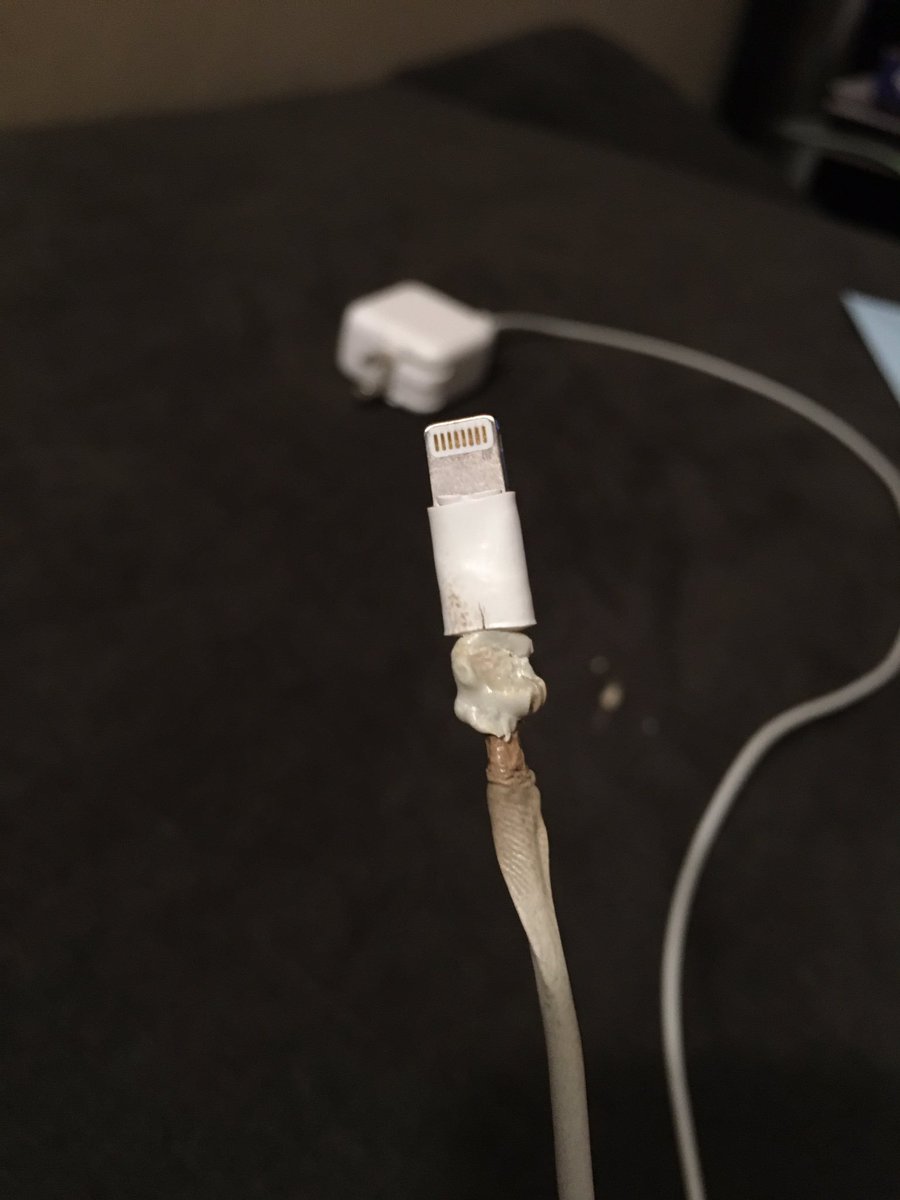 Tasara_'s tweet photo. Just burnt my fingers on my @apple charging cord because it got so hot it started melting. 
That is an #Apple cord and an Apple plug. 
It was not frayed or damaged in any way and if you look close you can see a white spot where it melted and permanently damaged my couch. https://t.co/LiAPkskH9Z