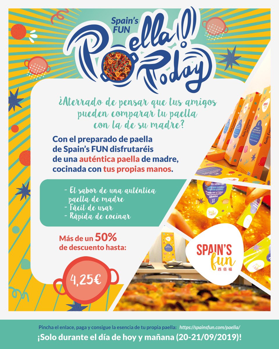 SpainsFUN1's tweet photo. En Spain’s FUN lanzamos una OFERTA ESPECIAL para celebrar El Día Mundial de la Paella 
¡Nunca más volverás a tenerle miedo a la paella de tu madre! 
Pincha aquí: https://t.co/nodqMYAh5m 
#spainsfun #diamundialdelapaella #preparadodepaella #paella #promo https://t.co/JNsRKhiSpZ