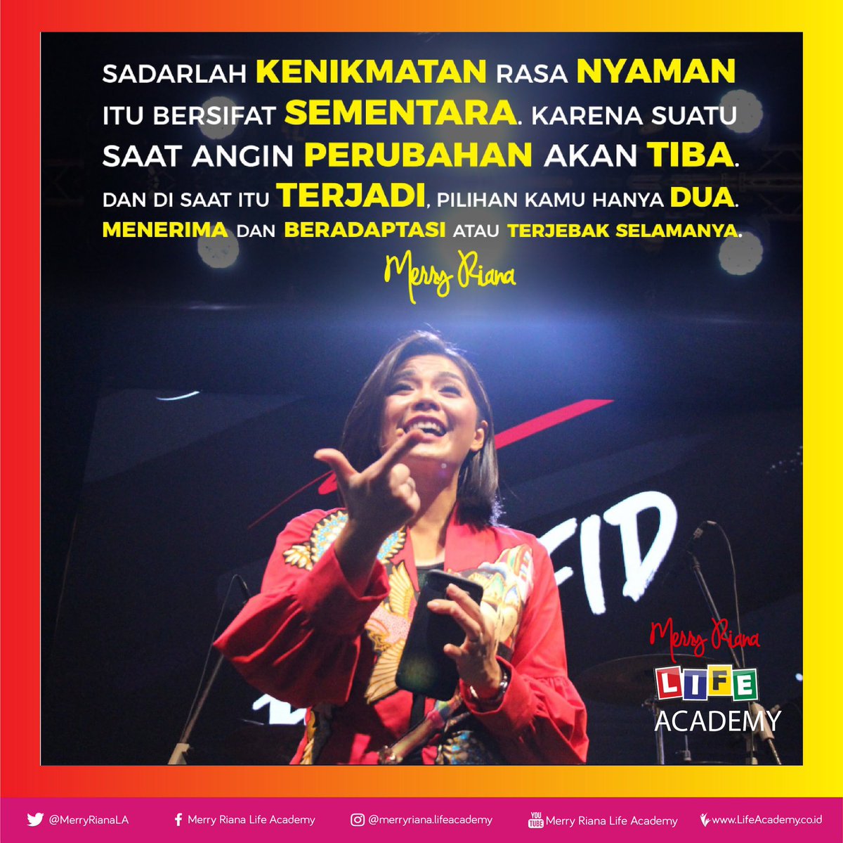 MRLAofficial's tweet photo. Sadarlah kenikmatan rasa nyaman itu bersifat  sementara. Karena suatu saat angin perubahan akan tiba. Dan disaat itu terjadi, pilihan kamu hanya dua .Menerima dan beradaptasi atau terjebak selamanya . https://t.co/ZMVtrgciXx