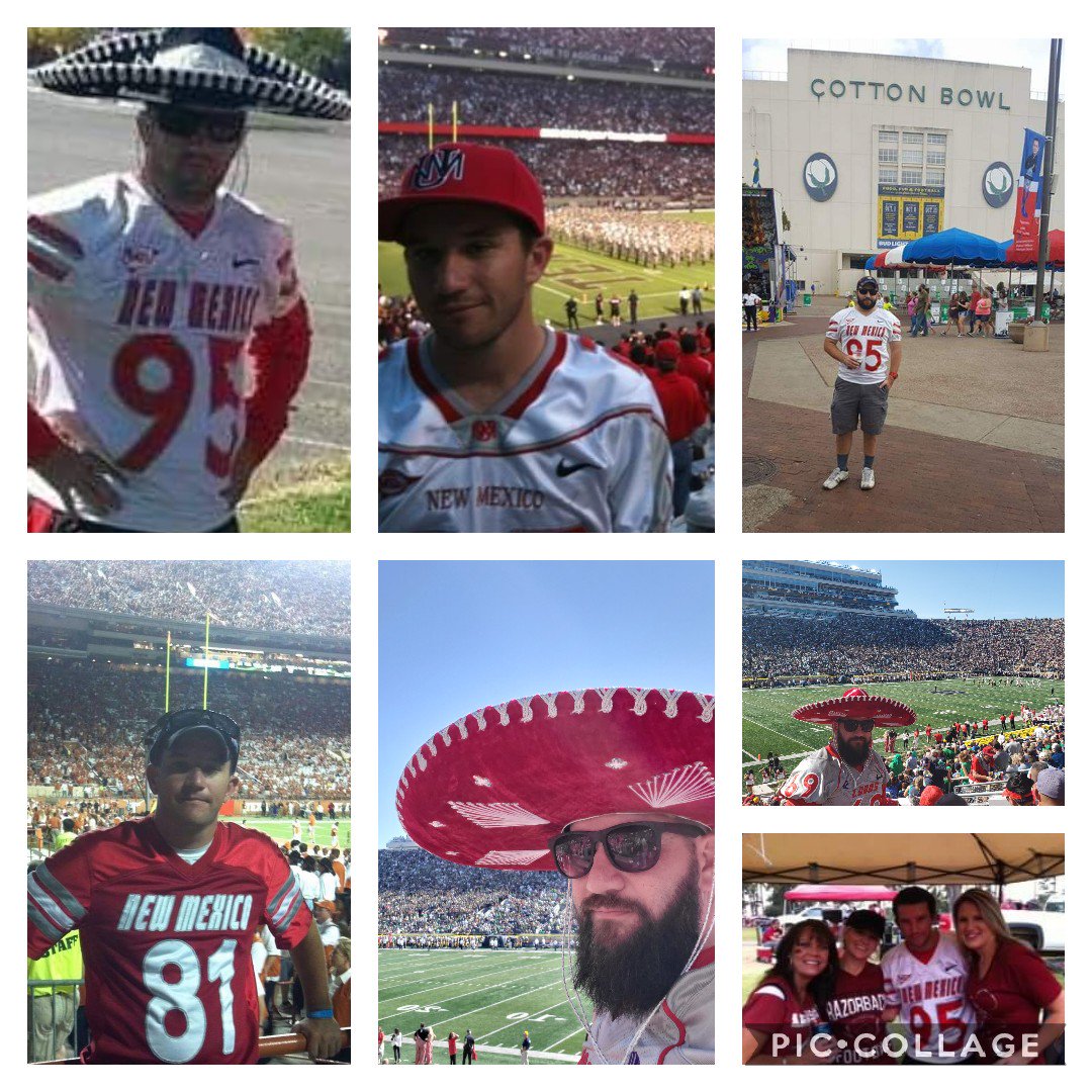 WesHender's tweet photo. Here are a few of my pictures supporting the @UNMLoboFB. Been to Notre Dame, Rutgers, Texas, Texas A&M, Arkansas, Cotton Bowl, and other @MountainWest programs. Next year I can't wait for the trip to USC and Mississippi State. #RedLobos #RioGrandeRivalry #BeatState @nusendacu https://t.co/h0fSpkxYfj