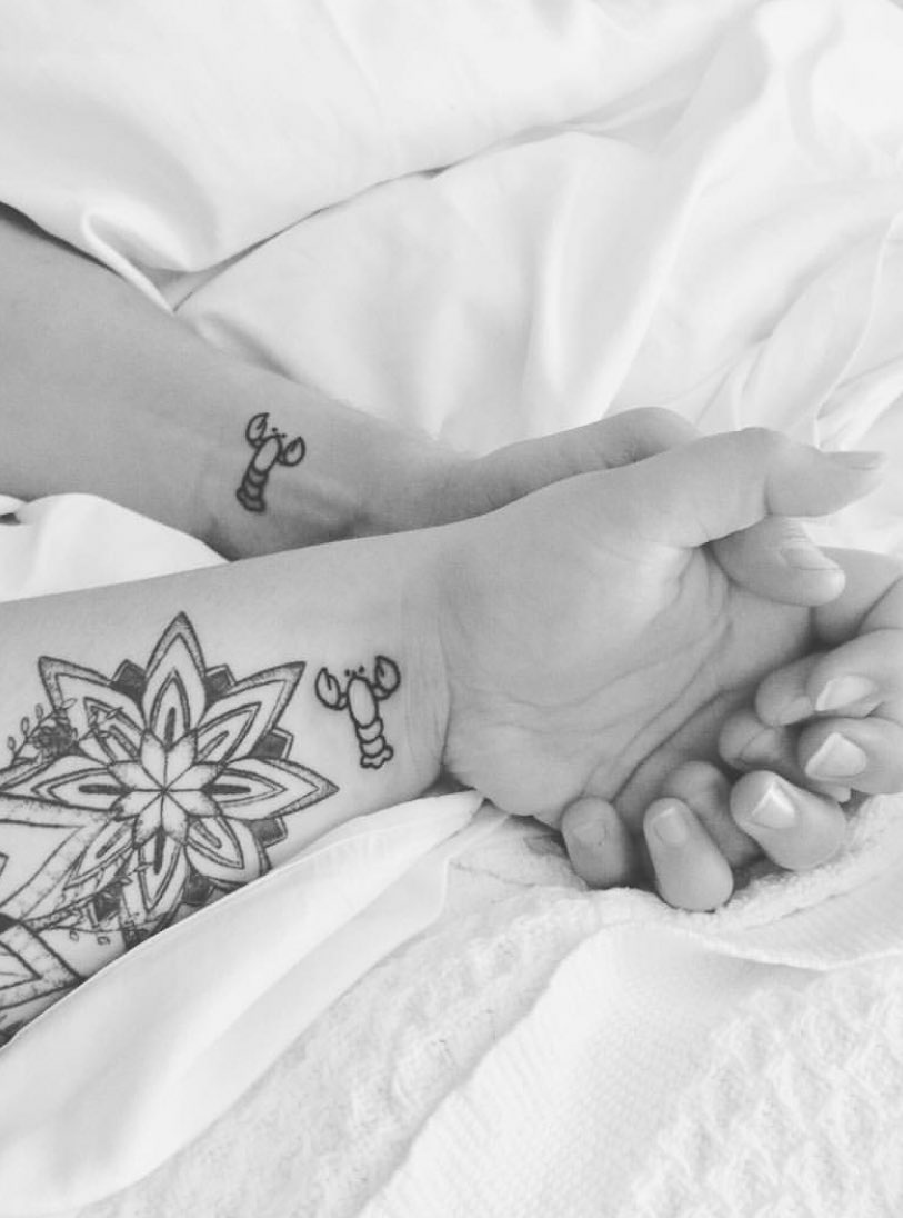 One day late, but in honor of #25YearsOfFRIENDS here's my husband and I's  lobster tattoos! You'll find us when we're old, walking around in our tank,  holding claws. 🦞❤️, image size:813x1096