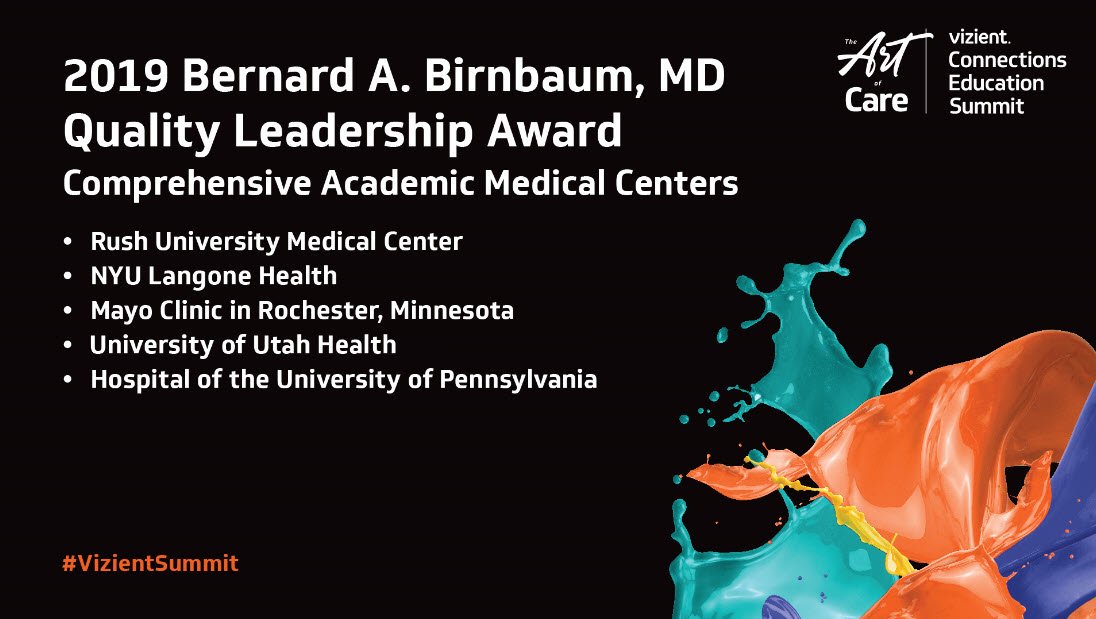 VizientInc's tweet photo. Congratulations to the 2019 @VizientInc Quality Leadership Award Winners! These comprehensive academic medical centers have demonstrated superior clinical performance👏  #vizientsummit #vizientmembers https://t.co/ofGYob7Wrb