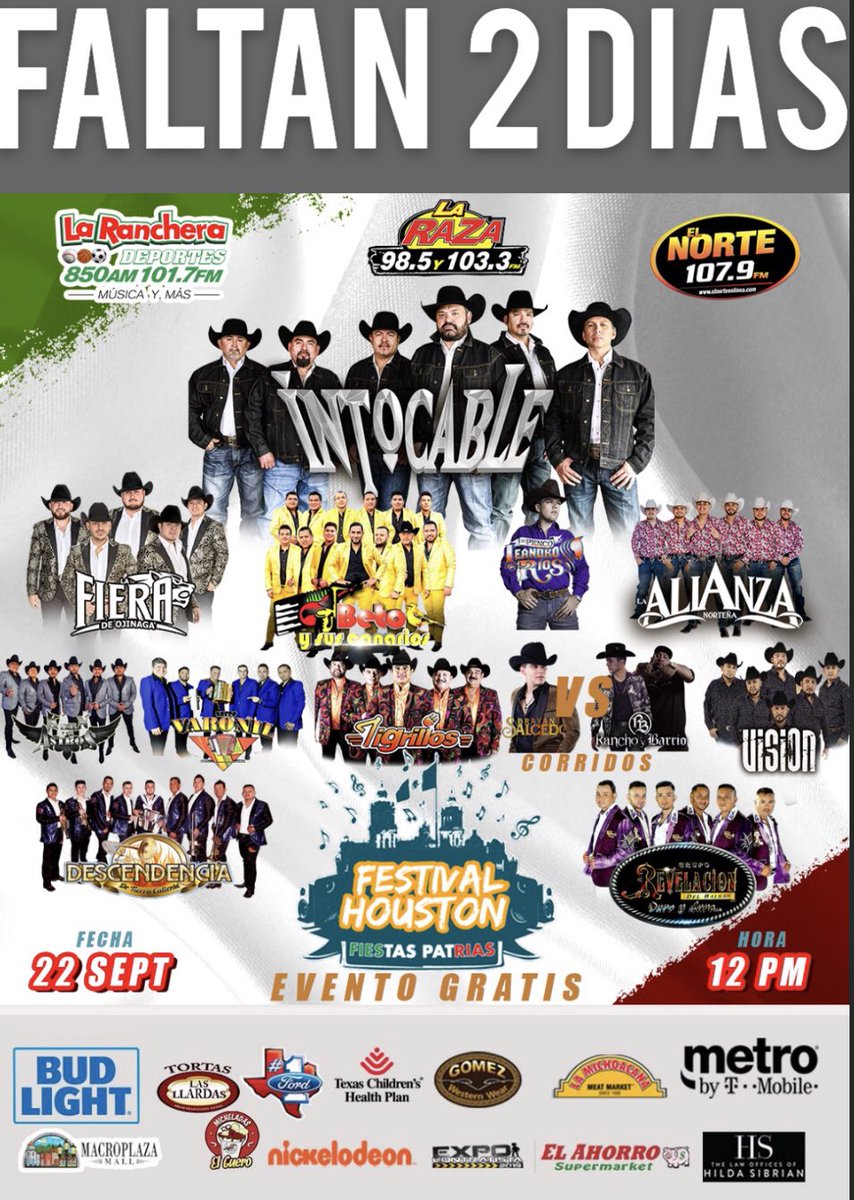 elnorte1079's tweet photo. #festivalhouston este domingo 22 de Septiembre en Macroplaza Mall alas 12 del mediodía ambiente familiar entrada gratis no faltes https://t.co/OqvP3gnJ3s