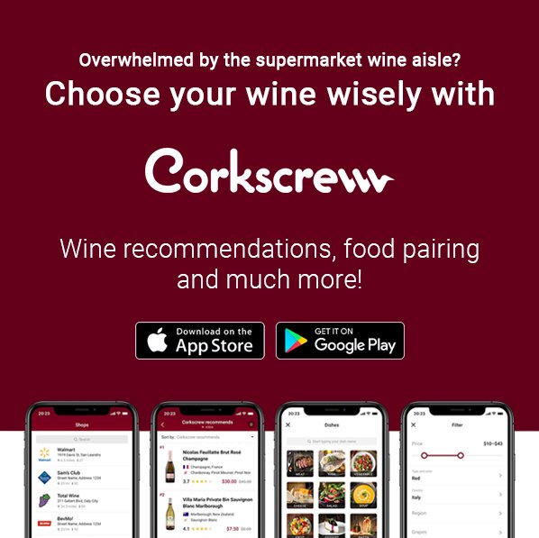 GetCorkscrew's tweet photo. Corkscrew helps you to find supermarket wines based on your preferences of style, grape, region, price, food pairing, ratings and more... 

Now available on:
>iOS App Store: https://t.co/C6VgsMxfS0
>Google Play Store: https://t.co/pebcCxU8oP

#wineapp https://t.co/sLRMWLLyms