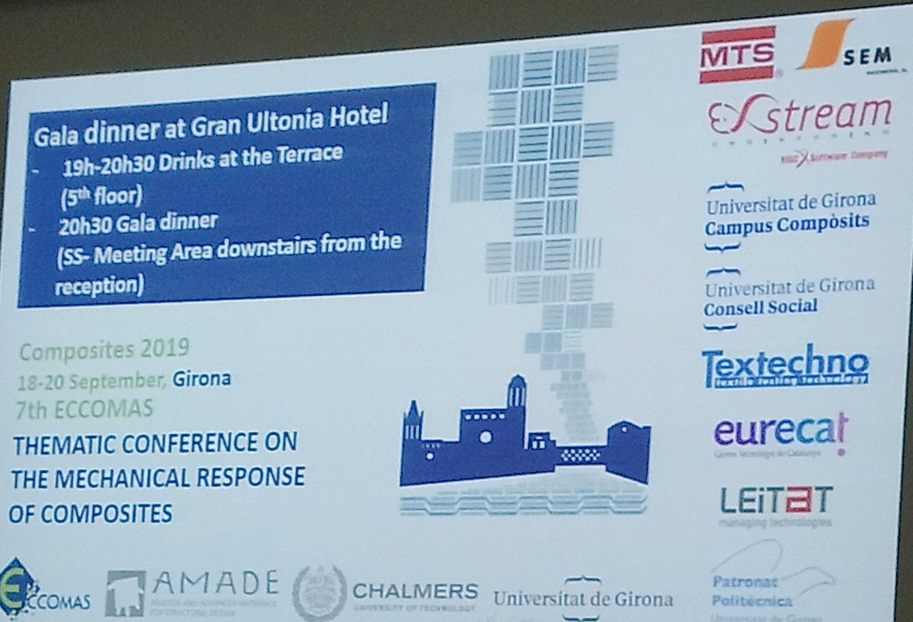 QuintanaGuillem's tweet photo. #ECCOMAS2019 Great gala dinner with good people and time for some funny humor from the co-chairs. Next time @chamlersuniv! @composites2019 @univgirona @amade_udg @Eurecat_news https://t.co/6CFe3hSQyJ
