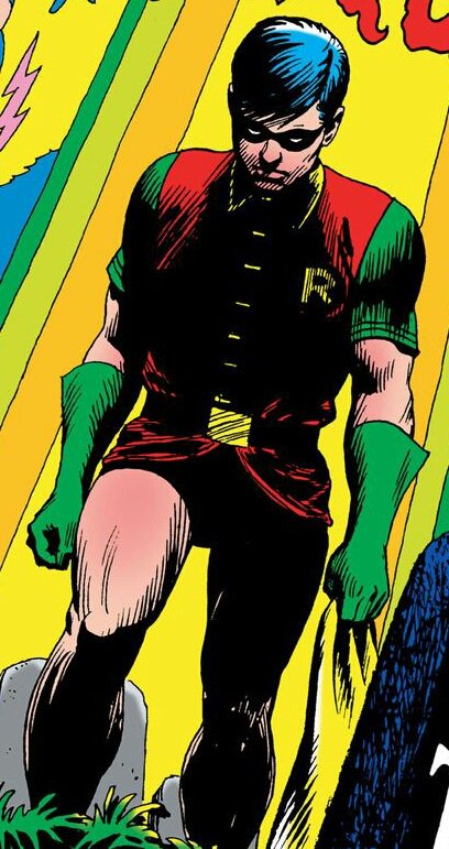 The hair is even parted on the correct side of the original 1960s Robin too. /9The image here and on the previous two post is from Teen Titans #14 (1968). Cover art by Nick Cardy.