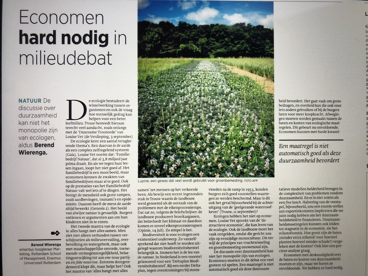 Economen hard nodig in milieudebat, stelt prof. <a href="/RSMErasmus/">Rotterdam School of Management, Erasmus University</a> in <a href="/Trouw/">Trouw</a>. Oud nieuws: in 2008 hebben int. economen <a href="/TEEB4ME/">The Economics of Ecosystems and Biodiversity</a> doorberekend dat indien de ecologie niet wordt geïntegreerd in economische modellen het de schatkist enorme verliezen gaat opleveren. We moeten het gewoon doen