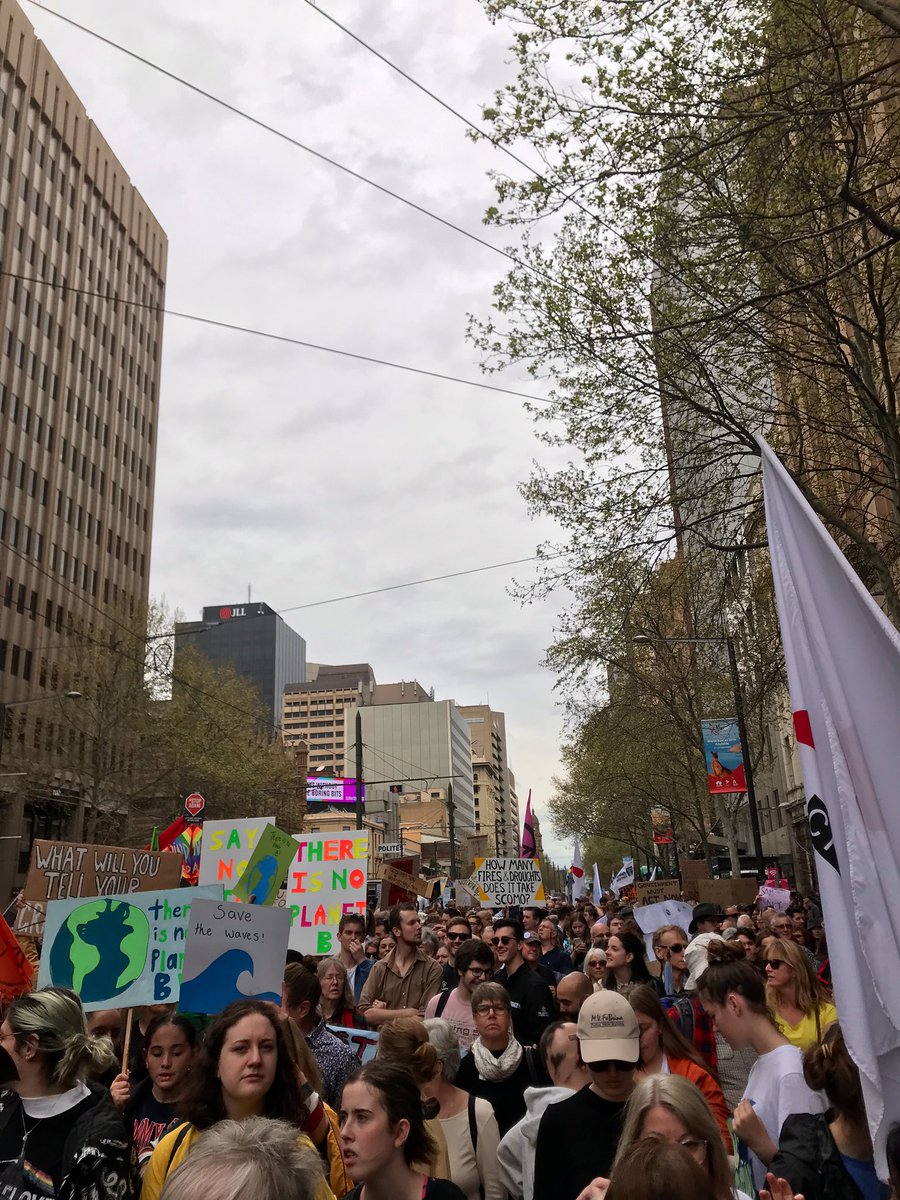 molellis's tweet photo. What a turn out #Adelaide #ClimateStrike. Always an incredible experience to be a part of a crowd like this. Filled with hope, inspiration &amp; determination. Now it’s time to see some strong leadership from @ScottMorrisonMP. This is your daughters’ future too. #schoolstrike4climate https://t.co/krDwuSCV3l