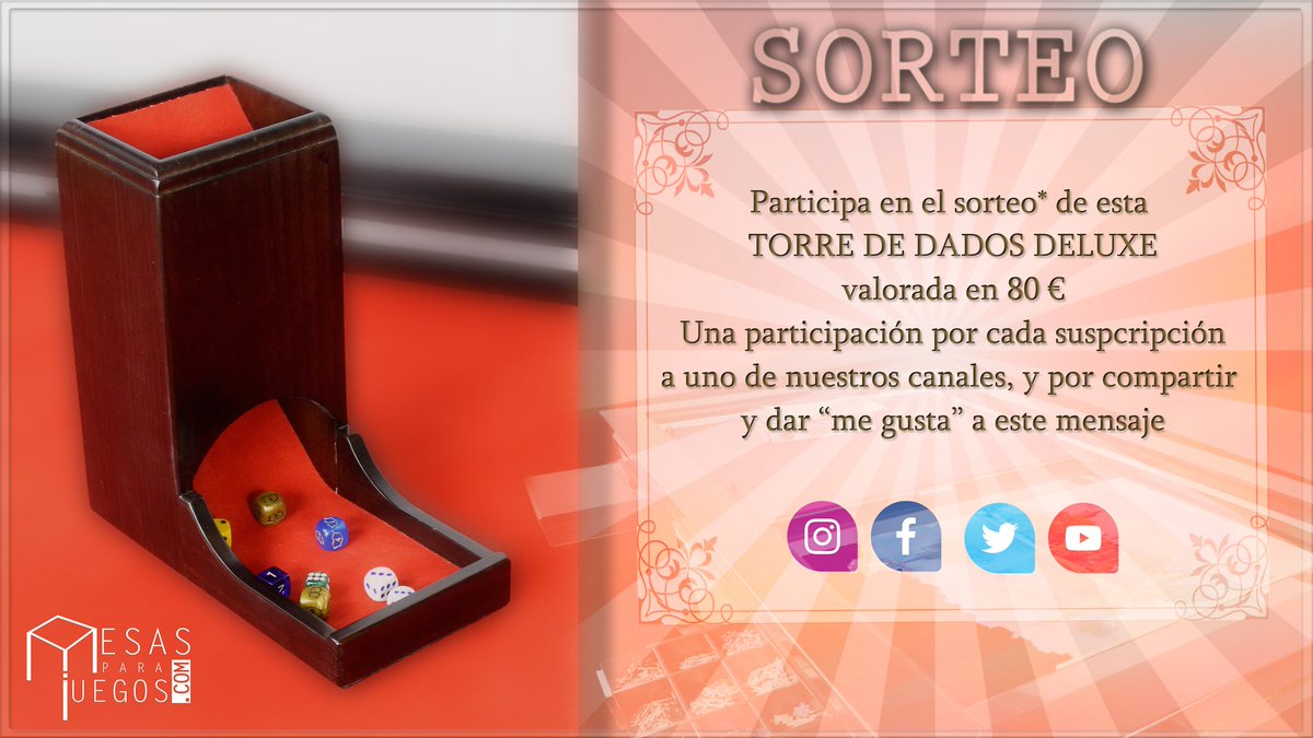 Participa en este #sorteo Torre de Dados (madera solida y tapizada). Participar es muy facil:
- Síguenos (follow)
-RT 🔁 este mensaje
-Me gusta ♥️ este mensaje
Más participaciones en: 
-Youtube
-Instagram
-Facebook
#juegosdemesa #boardgames #jocsdetaula #jogosdetabuleiro