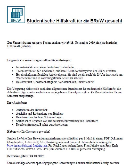 Universitatsbibliothek J C Senckenberg Sur Twitter Fur Die Bruw Am Campus Westend Sucht Die Ubffm Eine Studentische Hilfskraft Ab 15 11 Https T Co Ucmzheodr1 Bewerben Bis 4 Oktober Wb Https T Co 1ezqnqrf2f