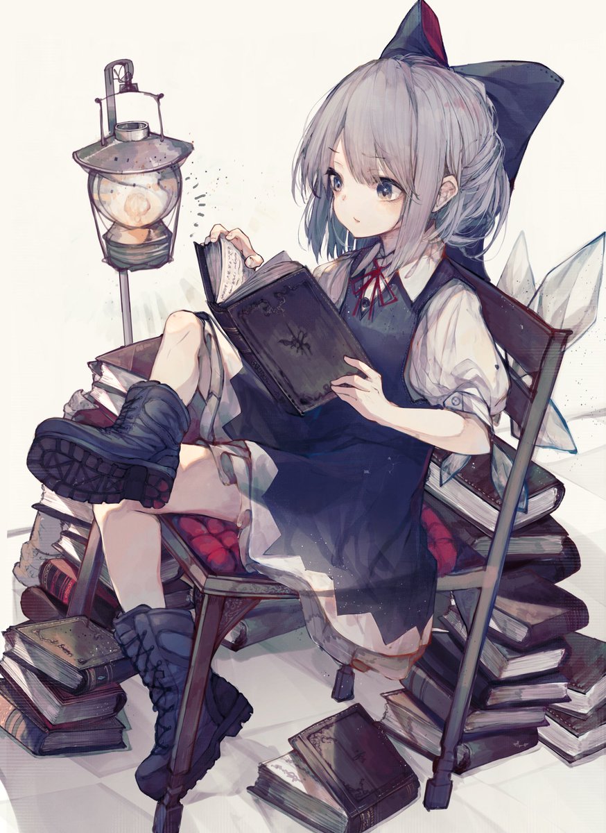 cirno 1girl book solo blue eyes wings sitting dress  illustration images