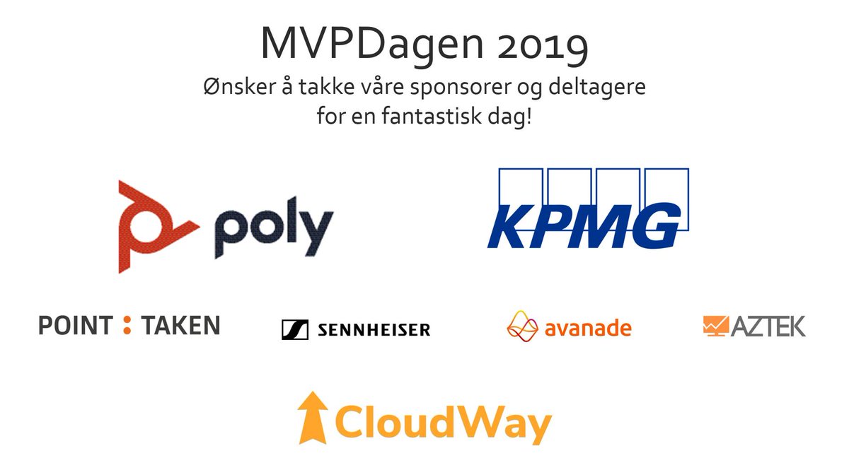 MVPDagen's tweet photo. Sees vi neste år?
#MVPDagen #Cloudway #Senheiser #Poly #KPMG #Aztek #pointtaken #Avanade https://t.co/sBU2bZcu63