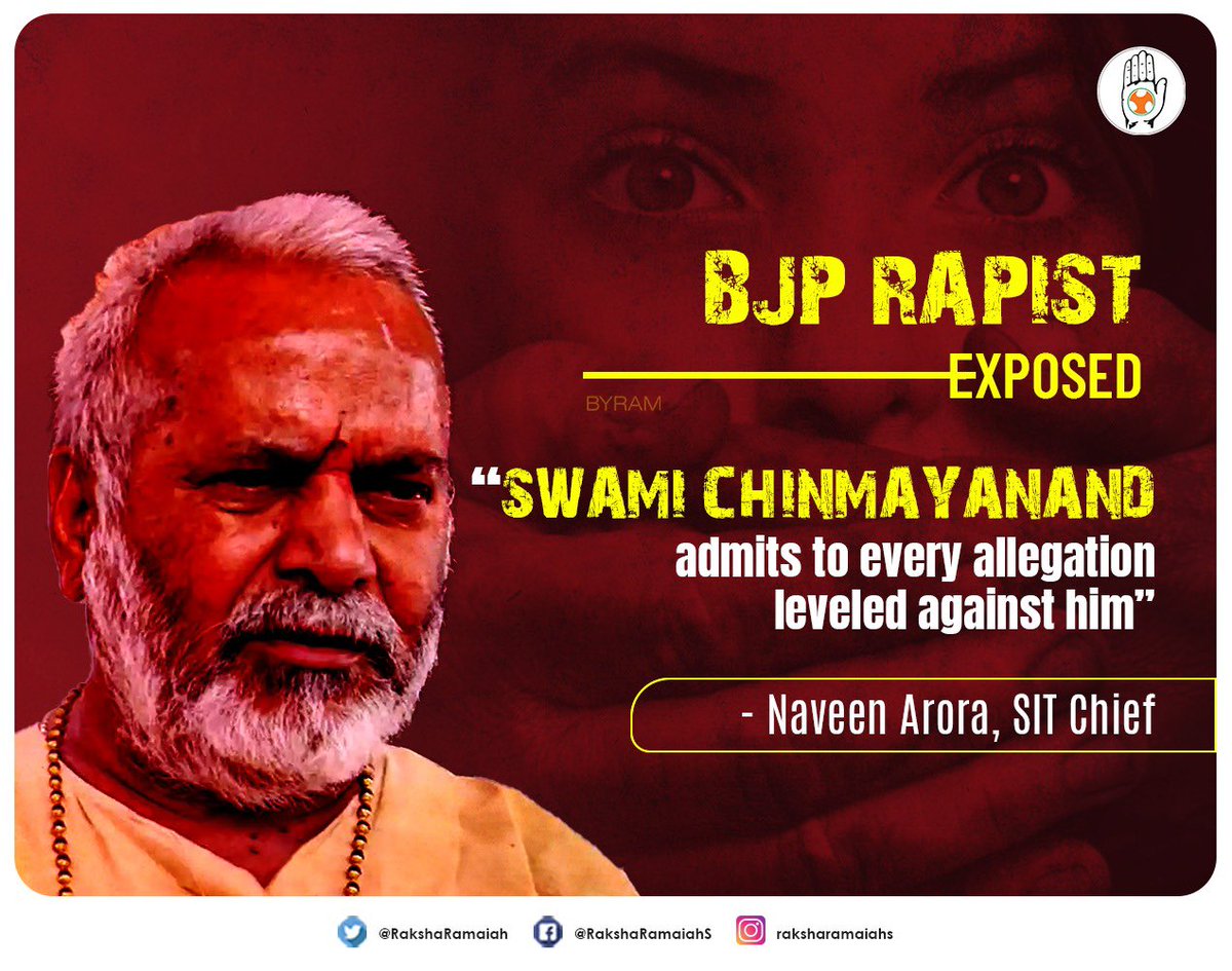 RakshaRamaiah's tweet photo. Rape accused BJP Leader Swami Chinmayanand admits to every allegation of sexual exploitation leveled against him yet the @BJP4India Govt is still trying to protect him by Cops watering down the rape charges
BJP should hang its head in shame
Utterly disgusting!
#RapistsOfBJP https://t.co/txEAd4iyXj