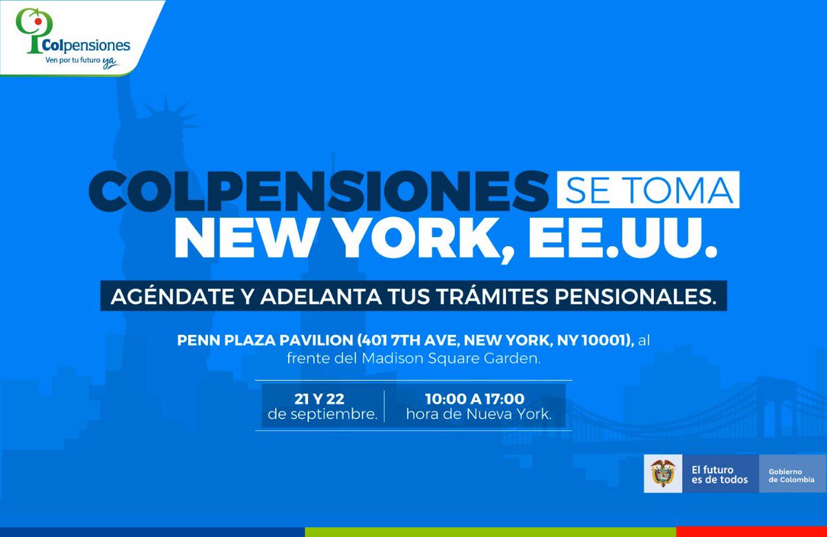 #FelizViernes | Colombianos en Nueva York 🗽, esta es la oportunidad perfecta para que asistan a la sexta #FeriaDeServicios que organiza <a href="/CancilleriaCol/">Cancillería Colombia</a> y puedan resolver sus trámites pensionales a través de nuestro programa #ColombianosEnElExterior 🇨🇴. ¡Te esperamos! 👍