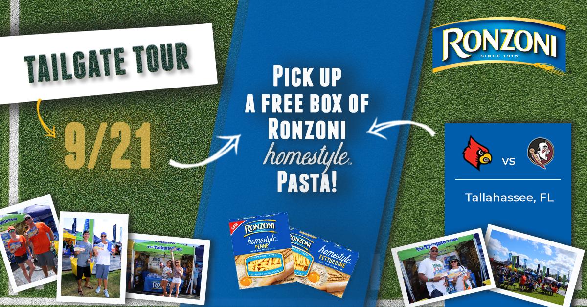 We’re joining the #Tailgate Tour at the #FloridaState vs #Louisville game – find us in front of the stadium for a free box of Ronzoni® Homestyle™ Pasta! #NCAA