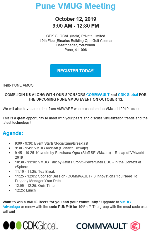 Attend our next #VMUGPune event where <a href="/BakshOgra/">{Baksh}ana Ogra</a> will be sharing insights on #VMWorld2019 announcement and <a href="/jatinpurohit92/">Jatin Purohit</a> will demystify <a href="/PowerCLI/">VMware PowerCLI</a> concepts
Use link to register: bit.ly/2ymAZJP
Thanks to our sponsor 
<a href="/Commvault/">Commvault</a> @CommvaultAPAC and <a href="/CDKGlobal/">CDK Global</a>

<a href="/MyVMUG/">VMware User Group</a>