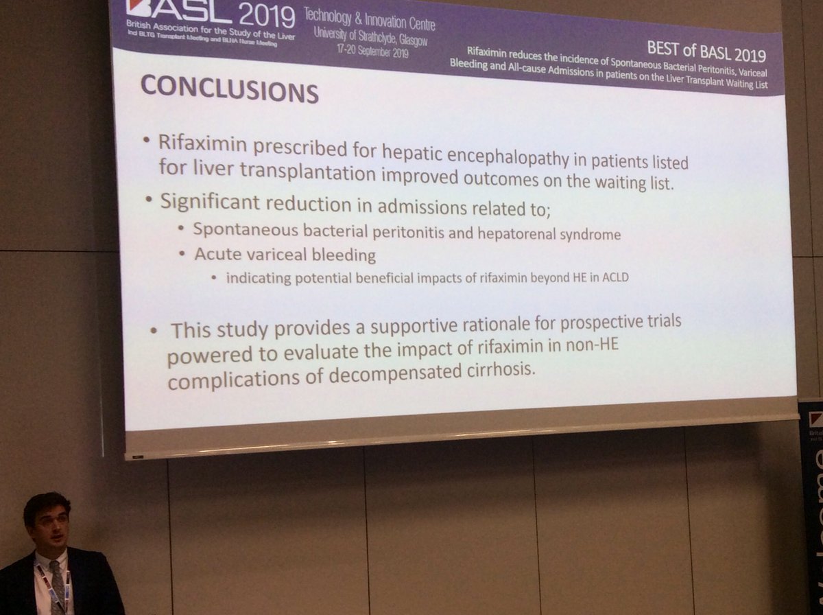 kmdrysdale's tweet photo. Dr Tom Tranah from @KingsCollegeNHS presenting his retrospective review of effects of #rifaxamin in patients on the centre’s liver transplant waiting list
Rifaxamin ➡️ reduced admissions for SBP and variceal bleeding
#BASL2019 https://t.co/dmmVsZZpBw