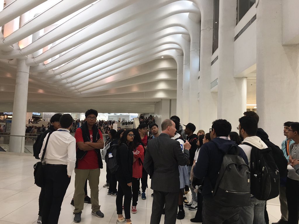 GNYCExploring's tweet photo. Wednesday at the first meeting with the Port Authority of NY&amp;NJ!! Students watched videos of the building of the Freedom Tower and then explored the World Trade Center site. Port Authority engineers also led them on a tour of the Oculus and the Memorial Pools.
#nyexploring #bsa https://t.co/dgtbSlzfu8