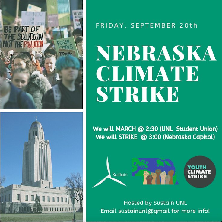 TODAY we take to the streets!
Today we join thousands of people across the world as we strike for our planet! 
#StrikeWithUs 2:30 @ Nebraska Union Plaza
3:00 March to the state capitol

#NEClimateStrike #ClimateStrikeNebraska #EmbraceChange