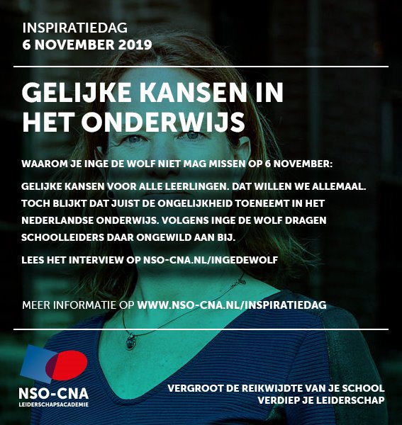 Gelijke kansen in het onderwijs! Volgens @inge_dewolf dragen schoolleiders daar ongewild aan bij. Daarom mag je Inge de Wolf niet mag missen op 6 nov. Lees het interview met Inge op nso-cna.nl/ingedewolf
Direct inschrijven voor de inspiratiedag kan op lnkd.in/g7mrDZK