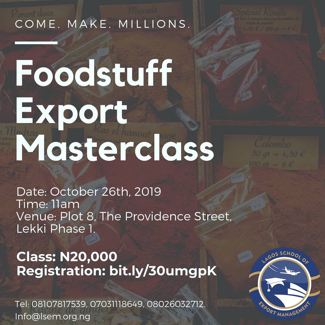 lsemnigeria's tweet photo. In small scale quantities and start earning Foreign exchange (FX) in USD, Pounds, Euro, Yuan, etc. by exporting to the United Kingdom, United States, Emirates, Canada, India, China, etc. #foodstuffexportmasterclass https://t.co/FbizPzcgQQ