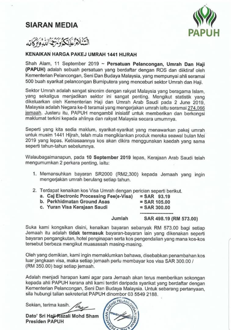 MultaqaAlIman's tweet photo. Harga pakej akan disemak semula atas cas visa yg dikenakan oleh kerajaan Arab Saudi. https://t.co/567R8puORA