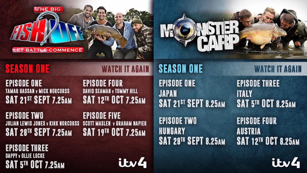 GRAND FISHING ADVENTURE (@grandfishingad) on Twitter photo 🚨NEWSFLASH🚨
19 weeks of fishing on your telly - EVERY episode EVER of @TheBigFishOff & #MonsterCarp will be shown‼️
Starting Sat 21st Sept at 7.25am & 8.25am on @ITV4
This week's double bill features <a href="/AliHamidi/">Ali Hamidi</a> <a href="/DeanMacey/">Dean Macey</a> <a href="/micky_norcross/">Michael j Norcross</a> <a href="/tamerhassan/">Tamer Hassan</a> <a href="/TomDove11/">Tom Dove</a> <a href="/Darrellpeck/">Darrell Peck</a> 🚨NEWSFLASH🚨
19 weeks of fishing on your telly - EVERY episode EVER of @TheBigFishOff & #MonsterCarp will be shown‼️
Starting Sat 21st Sept at 7.25am & 8.25am on @ITV4
This week's double bill features <a href="/AliHamidi/">Ali Hamidi</a> <a href="/DeanMacey/">Dean Macey</a> <a href="/micky_norcross/">Michael j Norcross</a> <a href="/tamerhassan/">Tamer Hassan</a> <a href="/TomDove11/">Tom Dove</a> <a href="/Darrellpeck/">Darrell Peck</a>
