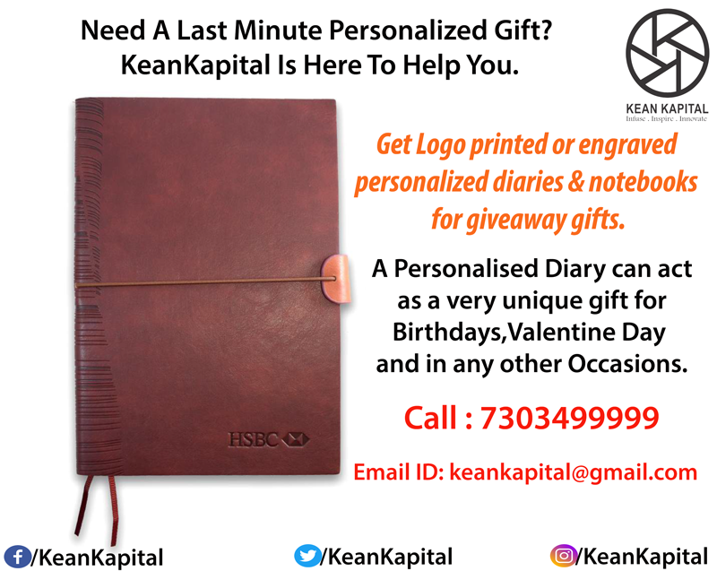 Need a Last Minute #PersonalisedGifts?
Kean Kapital Corporate Gifting is here to help you.
Get logo printed or engraved #personalizeddiaries &amp; notebooks for giveaway gifts.

#DiariesforSale #PersonalisedDiariesforSale
Call : 7303499999
Email ID : keankapital@gmail.com