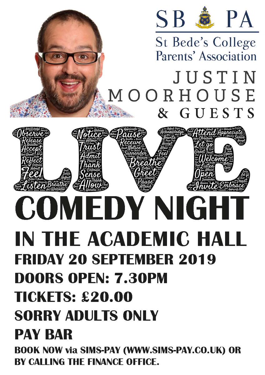 StBedesCollege's tweet photo. It is here the SBPA Comedy Extravaganza is tonight! Doors open at 7.30pm and Justin Moorhouse will be taking to the stage at 8pm. CASH ONLY bar, no card facilities available. A limited number of places are still available please call 0161 226 3323 for details. #fun #BeBedian 🐝 https://t.co/yuu6hLGv4n