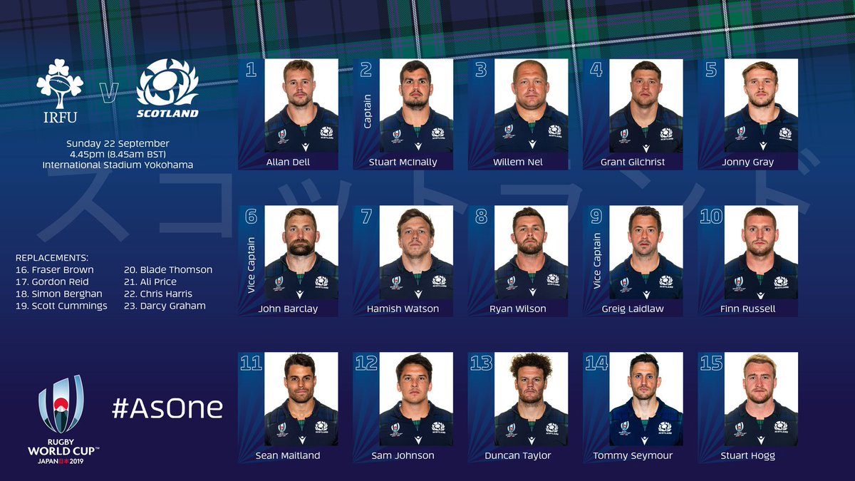 TEAM ANNOUNCEMENT

Your Scotland team to play Ireland in this Sunday’s Rugby World Cup Pool A opener in Yokohama has been announced!

Kick-off 4.45pm local time, 8.45am BST - Live on ITV

#AsOne #RWC2019