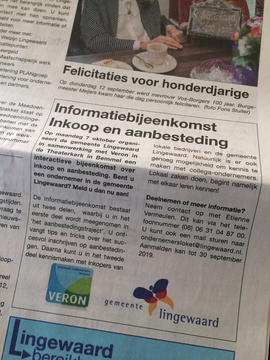 Op 7 okt as organiseert <a href="/LingewaardGem/">Gemeente Lingewaard</a> ism <a href="/veron_nu/">Veron.nu</a> een avond ihkv kennismaken met budgethouders van de gemeente, inkopers van grote lokale bedrijven en ondernemers onderling! Meld je aan voor 30 sept!