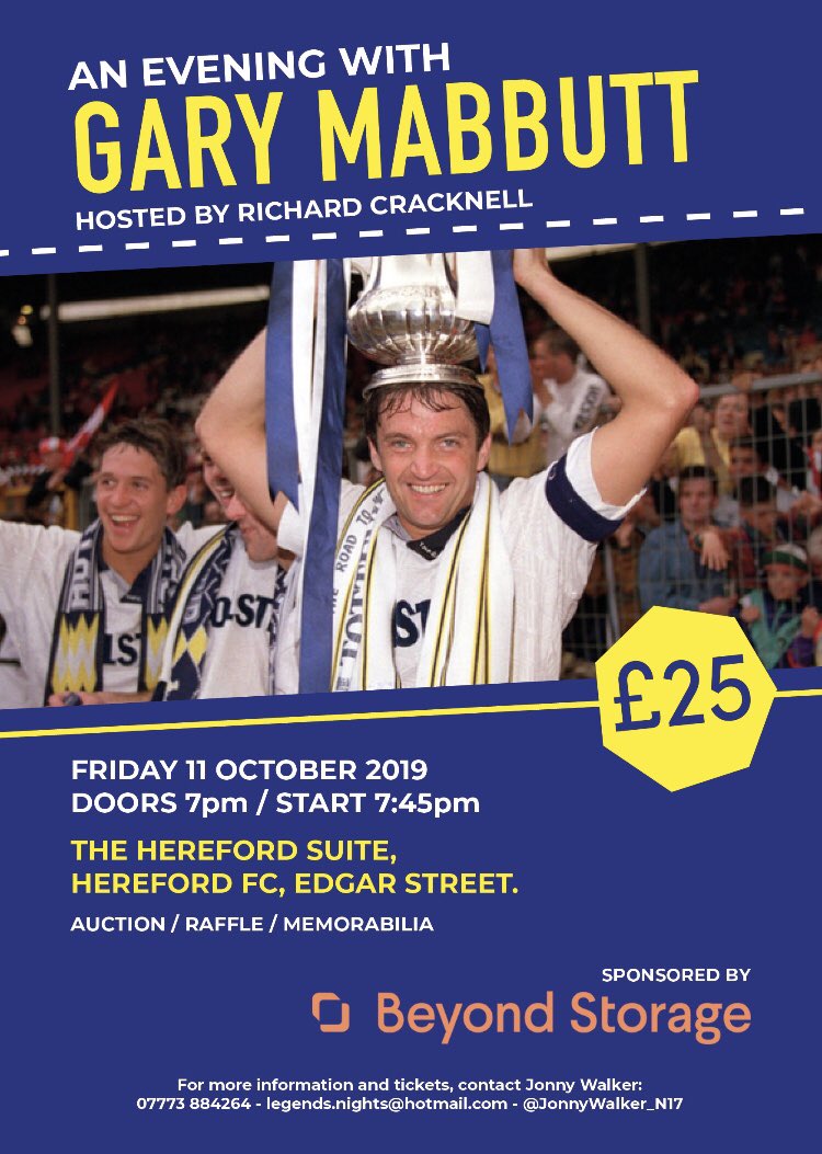🤩 3 WEEKS TODAY!!! “An evening with Gary Mabbutt” at #Hereford FC sponsored by <a href="/BeyondStorageUK/">Beyond Storage</a> and hosted by <a href="/MrCracknell/">Richard Cracknell</a> - Get in touch to book your tickets 🙌🏻