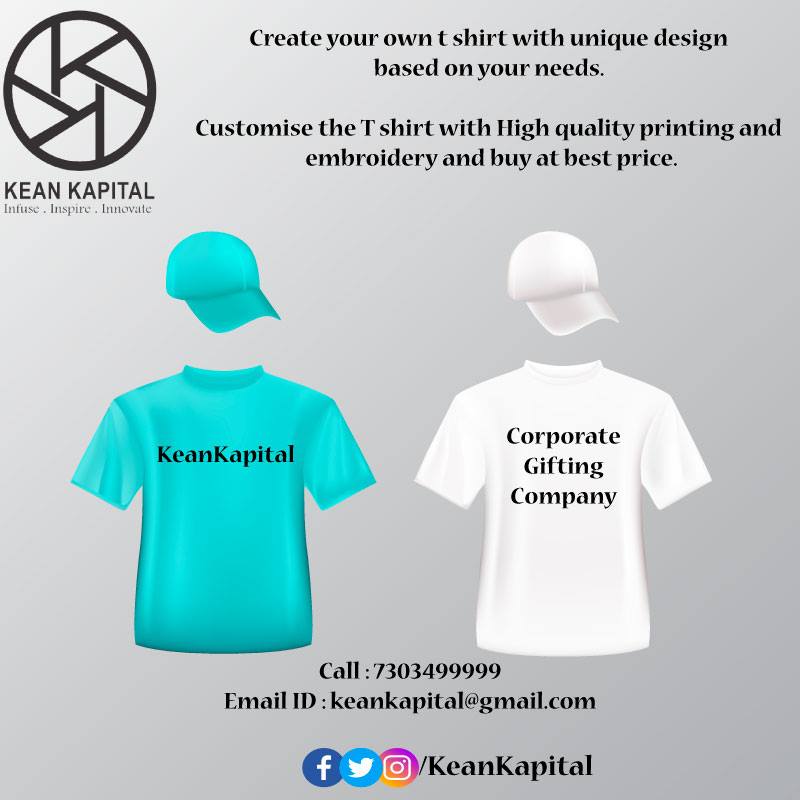 Customise the T shirt with High quality printing and embroidery with #KeanKapital at affordable prices.
#PersonalisedTshirtsforCorporates #TshirtsforEvents #TshirtsforParties #PersonalizedTshirtsforsale

Call : 7303499999
Email ID : keankapital@gmail.com