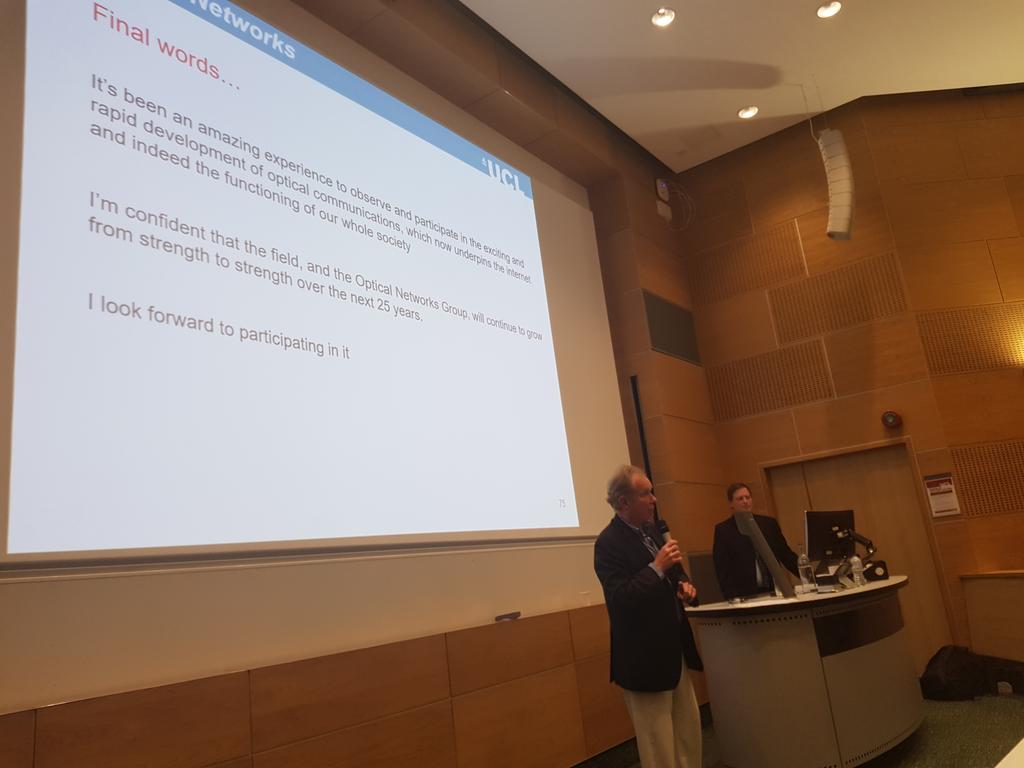 bayvel_p's tweet photo. Fantastic Inaugural Lecture by Prof Robert Killey, celebrating 25 years of the @ucleeenews @UCLEngineering Optical Networks Group #ong25 and looking forward to the next 25! Vote of thanks by Prof Sir David Payne @orctweets https://t.co/rH1I6X5mRD