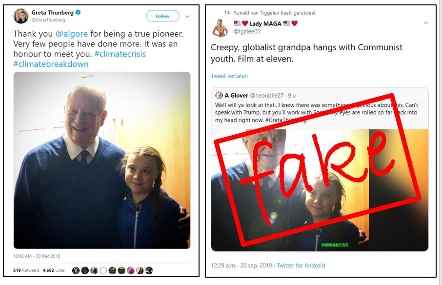JPeterBurger's tweet photo. In 2018 ging Greta Thunberg op de foto met Al Gore. Inmiddels circuleert ook een vervalsing van die foto, met het gezicht van George Soros. Hij werd vandaag verspreid door het Zandvoortse PVV-raadslid @tigg47. https://t.co/bjpbExhsCe
