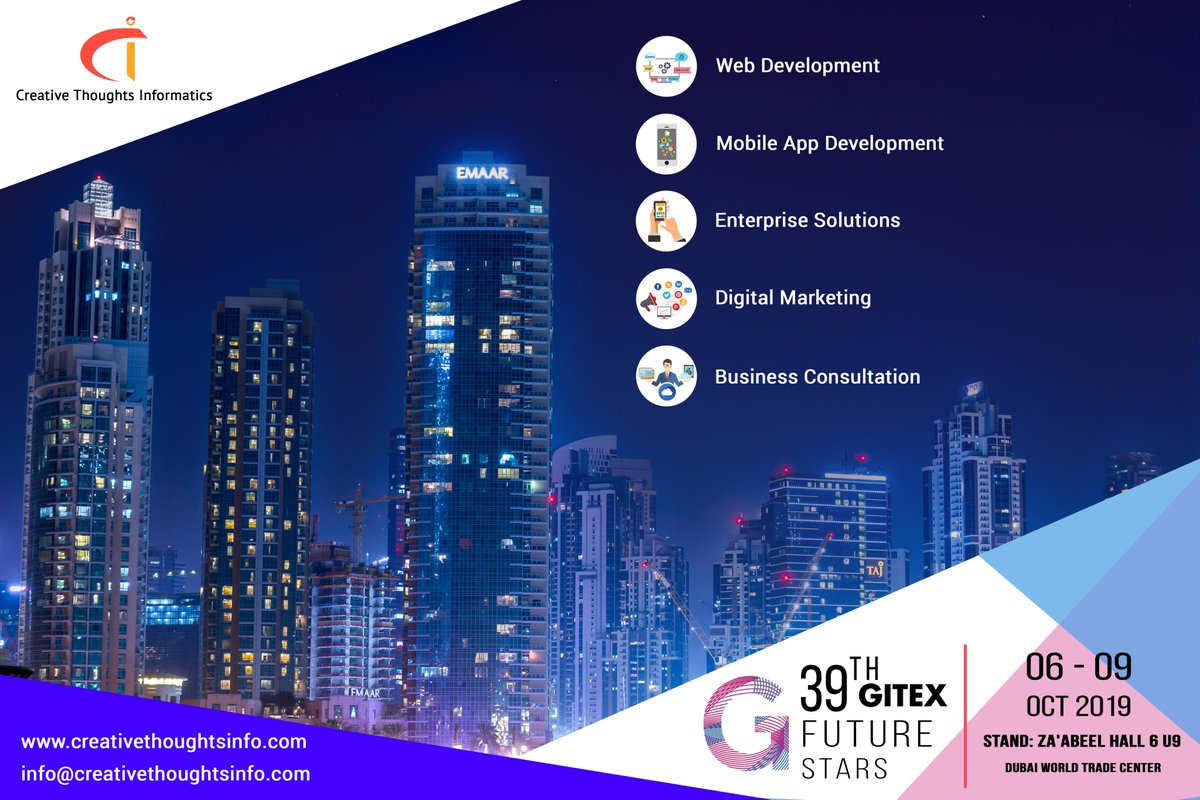 CT_informatics's tweet photo. #GITEX2019
Meet us at Stand: U9 Za'abeel Hall 6 in #GITEX_Future_Stars_Dubai_2019 on Oct 06 - 09 2019.
Consult your #businessideas and allow us to shape into a #structuredbusinessmodel. Our #technicalcapabilities and #solutionorientedapproach can upscale your #businessgrowth. https://t.co/dgWnxdtMNt
