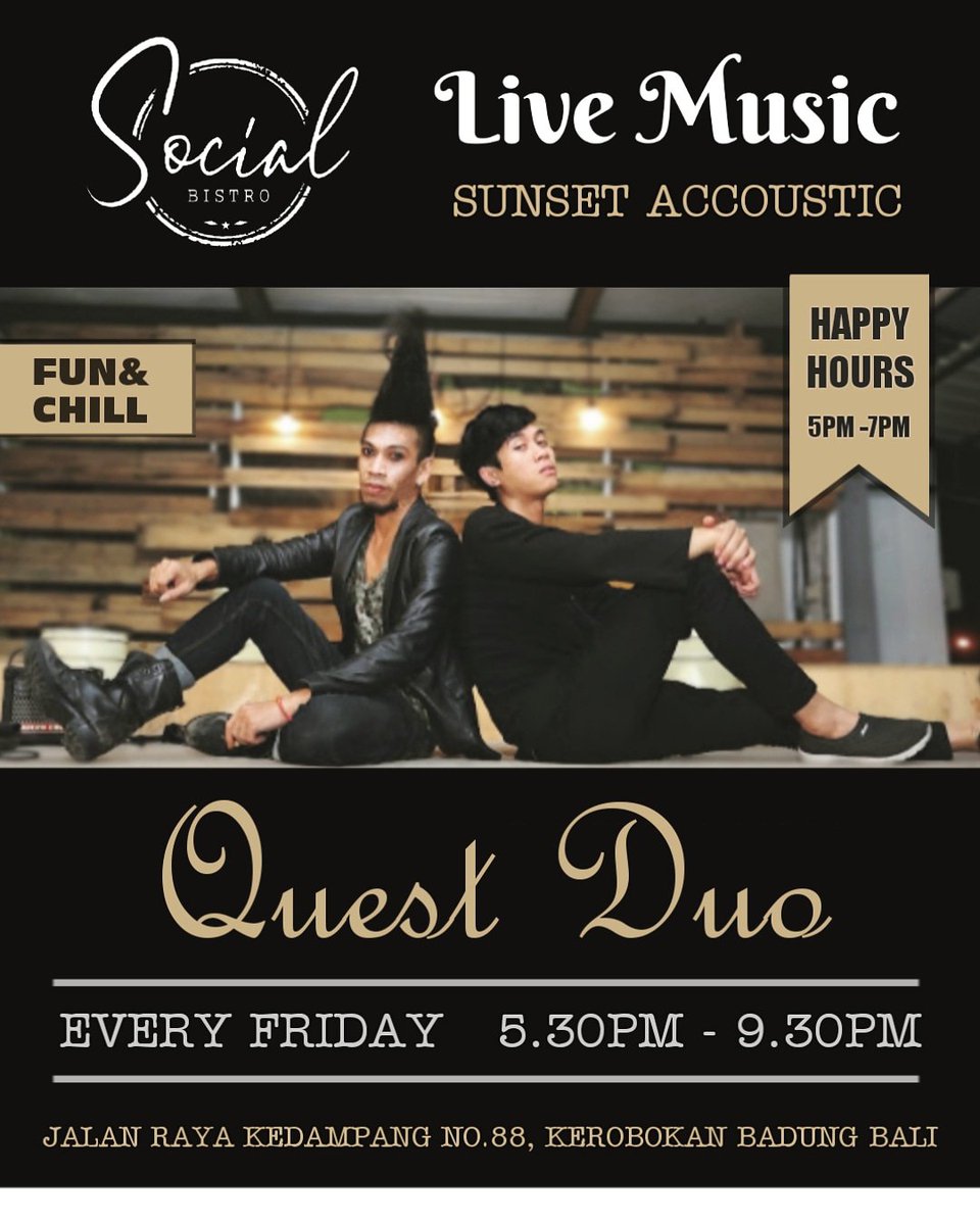 Quest_Rock_Band's tweet photo. 🎶 Enjoy sweet rock accoustic with the Quest Duo while the sun sets over the rice fields 🌄 Good food, great atmosphere and bistro beverages accompanied by awesome live music 🍸
#Quest #questband #officialquestband #indonesia #questofficial #sunset #socialbistro #livemusic #duo https://t.co/uhq0hQcO3z