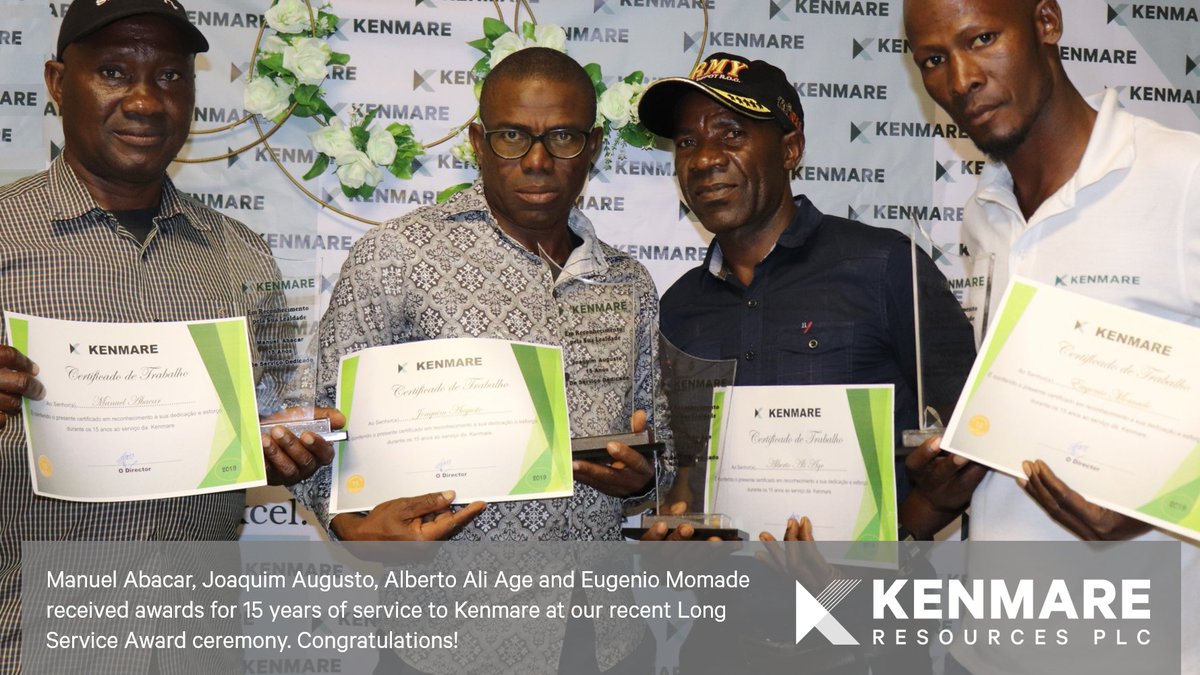 KenmareRes's tweet photo. All of the team at $KMR are proud to celebrate the long service of some of our colleagues at an annual awards ceremony. This year four of our team received awards for 15 years of service! Congratulations! #teamkenmare #mining #mineralsands #Mozambique https://t.co/8H0EvMgakc