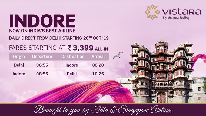 Airworldin's tweet photo. Introducing our 30th destination - #Indore, with daily direct flights to #Delhi on India's Best Airline! Book now for flights starting 26th October 2019. Hurry! https://t.co/qwN9c8fDou https://t.co/co7Z2emDNN