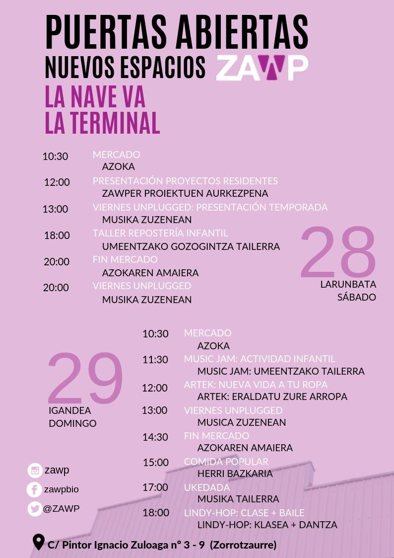 ZAWP's tweet photo. Os dejamos el #programa de actividades de la jornada de #PuertasAbiertas de los nuevos espacios #ZAWP!
👉Irailak 28-29 Septiembre
➡️C/ Pintor Ignacio Zuloaga nº 3 -9 (Zorrotzaurre)
#ZonaFrancaZAWP #talleres #gastronomía #ViernesUnplugged #mercado #musikazuzenean #ukedada https://t.co/wrJ4OjEZvX
