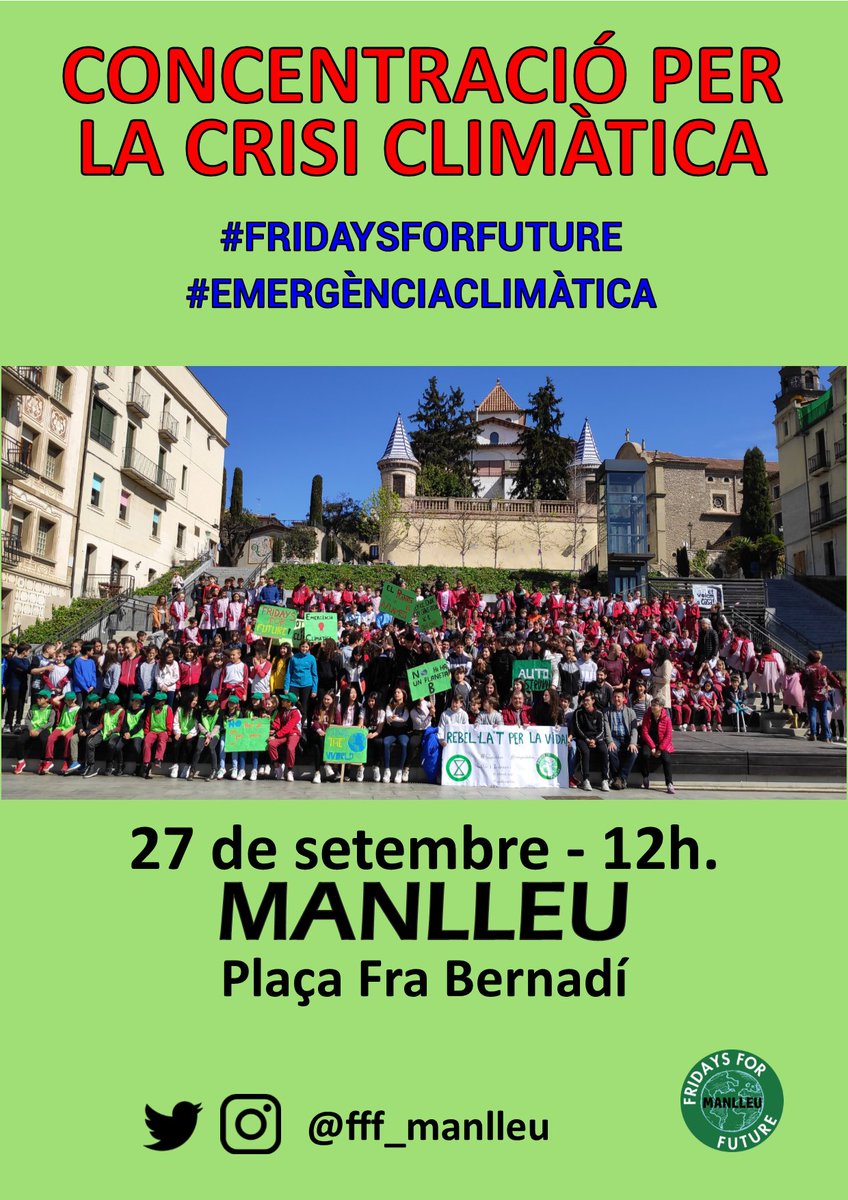 Us convidem a la concentració per la crisi climàtica el proper divendres 27 a les 12h.
Hi participaran alumnes de diferents instituts i escoles de Manlleu. Cada escola llegirà un manifest per un alumne i portarà pancartes. #emergènciaclimàtica #fridaysforfuture #salvemelplaneta