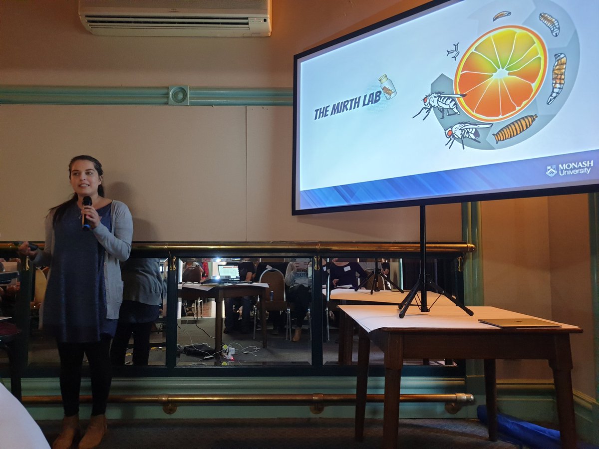 HelenJoanRushby's tweet photo. Some of @ChristenMirth 's PhD students presenting at the Australian Fly Meeting (Jade Kannangara, Ansa Cobham and @BioAndreNA )#AusFly #MirthLab #Drosophila https://t.co/LuSx5rRhD7