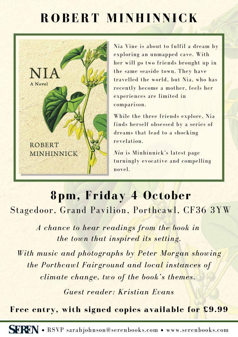 SerenBooks's tweet photo. NEW EVENT: Join us on Friday 4 October at Stagedoor (The Grand Pavilion) in Porthcawl for the launch of Robert Minhinnick's latest novel 'Nia'. 

Pre-order your copy now https://t.co/8kzDpg9KS1 https://t.co/VJgjKMu3UA