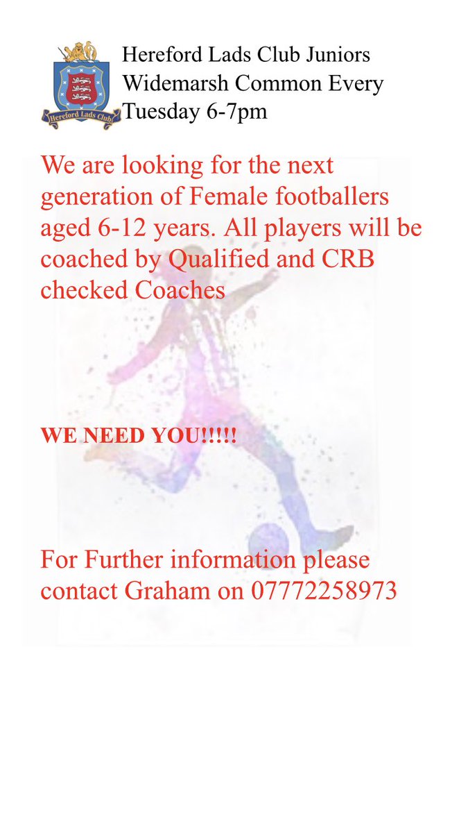 <a href="/ladsclubjuniors/">Hereford Lads Club Juniors</a> are looking for the next generation of girls. Training 6-7pm Tuesdays at the club.<a href="/YourHereford1/">Your Herefordshire</a> <a href="/HerefordshireFA/">Herefordshire FA</a> <a href="/Trinityprimarys/">Trinity P S Hereford</a> <a href="/HolmerAcademy/">Holmer CE Academy</a> <a href="/Broadlands_hfds/">Broadlands Primary School</a> <a href="/SJCEPSHereford/">St James CE Primary</a> @HTnewsroom