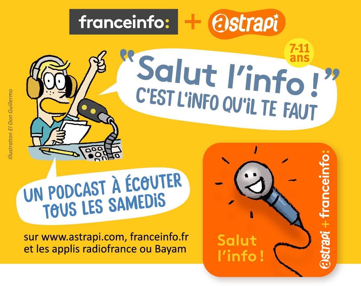AstrapiMagazine's tweet photo. Trop compliquées les infos pour les “grands” ? @AstrapiMagazine et @franceinfo proposent à partir du 21 septembre, “Salut l’info !” un nouveau RDV d’actu conçu pour les 7-11 ans qui aiment comprendre ce qui se passe en France et dans le monde. 
Teaser : https://t.co/fhgSlyuget https://t.co/x92uy1U7Dw